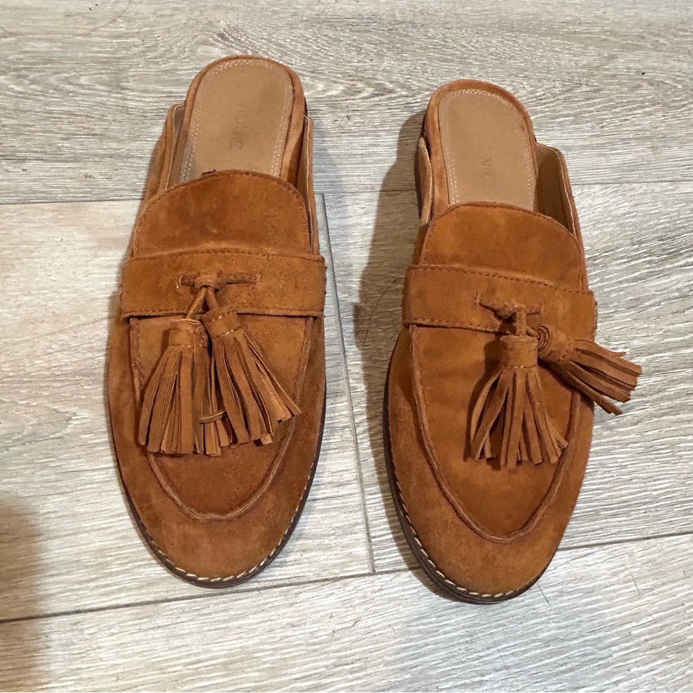 Vionic Women's Size 9.5 Reagan Suede Brown Leather Slip-On Shoes Mules Tassels